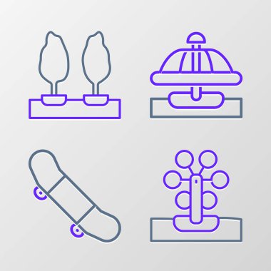 Dönme dolap, kaykay numarası, atlıkarınca ve orman ikonu. Vektör