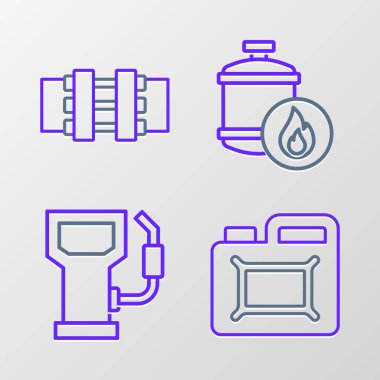 Motor yağı, benzin istasyonu, propan tankı, metal borular ve kapakçık ikonu için hat kutusunu hazırlayın. Vektör