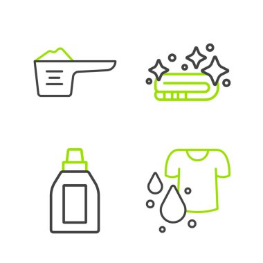Çizgiyi Kirli Tişört, Temizlik Ajansı için Şişe, Havlu Yığını ve Yıkama Tozu ikonu. Vektör