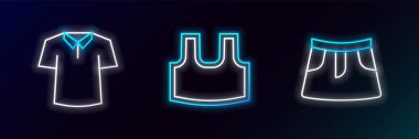 Çizgi, etek, gömlek ve atlet ikonu. Parlayan neon. Vektör