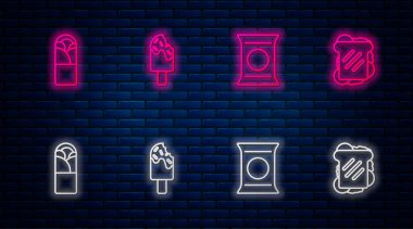 Dondurma, poşet ya da patates cipsi, Doner kebap ve Sandviç. Tuğla duvarda parlayan neon simgesi. Vektör