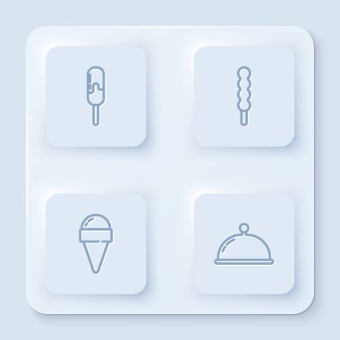 Dondurma, lolipop, waffle külahında ve tepsiyle kaplı. Beyaz kare düğme. Vektör