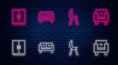 Koltuk, Kol Koltuğu, Gardırop ve... Tuğla duvarda parlayan neon simgesi. Vektör