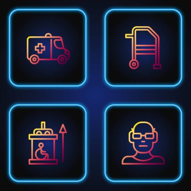 Hattı ayarlayın. Görme bozukluğu, engelliler için asansör, acil servis arabası ve Walker. Renk simgeleri. Vektör