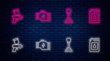 Hat kontrolü motoru, vites kolu, boya tabancası ve motor yağı için teneke kutu ayarlayın. Tuğla duvarda parlayan neon simgesi. Vektör