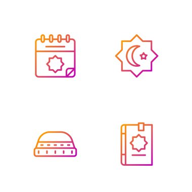 Kur 'an' ın kutsal kitabı, namaz için Müslüman şapkası, Ramazan takvimi ve Sekizgen yıldız. Renk simgeleri. Vektör