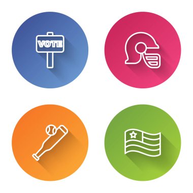 Oylama çizgisi, Amerikan futbol kaskı, beysbol sopası ve bayrak. Renkli daire düğmesi. Vektör