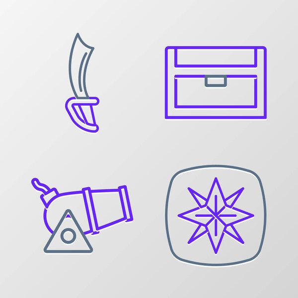 Set line Wind rose, Cannon, Antique treasure chest and Pirate sword icon. Vector