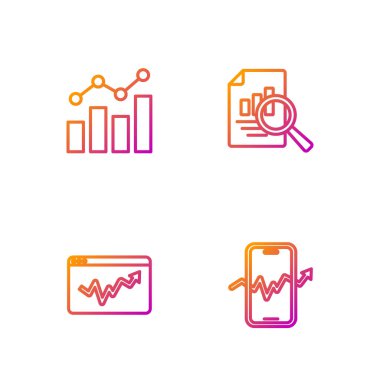 Mobil hisse senedi ticareti, grafik grafiği bilgileri, finansal büyüme ve belge ile birlikte ayarla. Renk simgeleri. Vektör