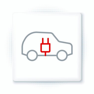 Elektrik hattı arabası ve elektrik kablosu şarj ikonu beyaz arka planda izole edildi. Yenilenebilir ekolojik teknolojiler. Renkli taslak konsepti. Vektör