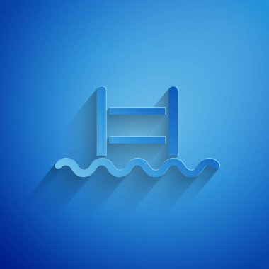 Kağıt kesiği yüzme havuzu, mavi arka planda merdiven simgesi var. Kağıt sanatı tarzı. Vektör.