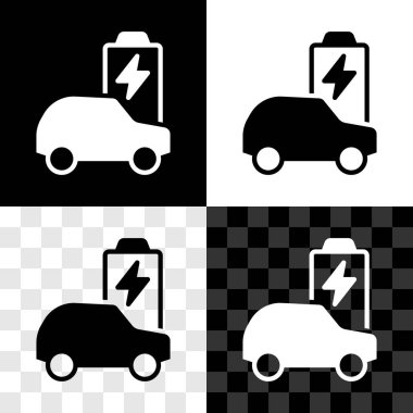Elektrikli araba ve elektrik kablosu şarj simgesini siyah beyaz, şeffaf arkaplanda izole edin. Yenilenebilir ekolojik teknolojiler. Vektör