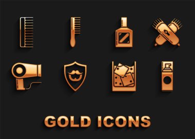 Kalkana bıyık ve sakal koy elektrikli saç kesiciye ya da tıraş jölesi tıraş köpüğüne buz küpleri tıraş köpüğü saç kurutma makinesine saç fırçası ve ikona. Vektör.