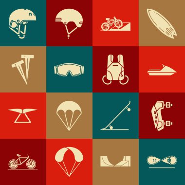 Kaykay numarası, dizlik, jet ski, bisiklet, sokak rampası, kayak gözlüğü, çadır için peg, miğfer ve paraşüt ikonu. Vektör