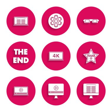 Dizüstü bilgisayar ekranını 4K video teknolojisiyle kurun Online sinema bileti alın Hollywood 'un ünlü bulvarı The End el yazısıyla yazılmış 3D gözlükler ve ikon. Vektör.