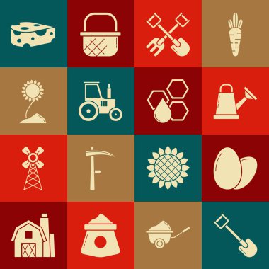 Kürek, tavuk yumurtası, su kovası, ve tırmık, traktör, ayçiçeği, peynir ve bal peteği ikonu. Vektör