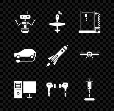 Robot, insansız hava aracı, 3D yazıcı, bilgisayar monitörü, kulaklık, şırınga, elektrikli araba ve ateş ikonlu roket gemisi ayarlayın. Vektör