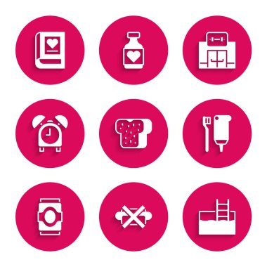 Ekmek kızartması, abur cubur yok, merdivenli yüzme havuzu, diş fırçası ve diş macunu, soda kutusu, çalar saat, spor salonu binası ve tıp kitabı ikonu. Vektör