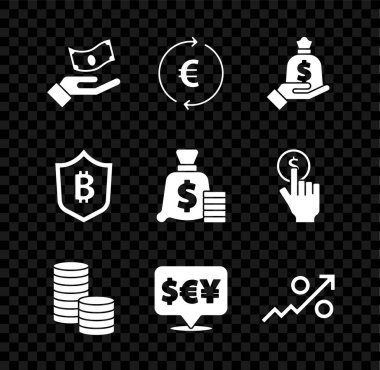 El Tutma Parası, Euro sembollü sikke, çanta, dolar, döviz kuru, yüzde yukarı ok, Shield bitcoin ve para ikonu. Vektör