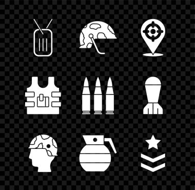 Askeri künye, miğfer, hedef sporu, ordu askeri, el bombası, rütbe, kurşun geçirmez yelek ve ikon. Vektör
