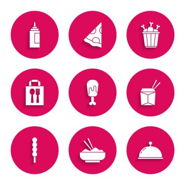 Tavuk budu, çubuklu pilav, kaplanmış tepsi, Asya eriştesi ve çubuğu, lolipop, online sipariş teslimatı, paket kutusu ve sos şişesi ikonu. Vektör