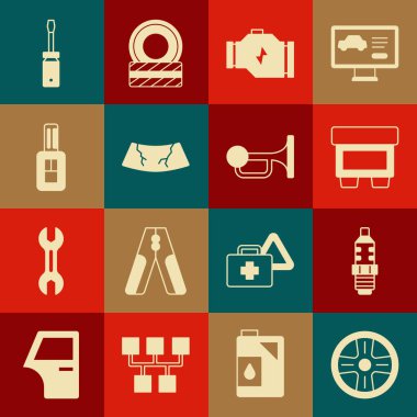 Alloy tekerleği, araba bujisi, sigorta, motor, kırık ön cam, uzaktan kumandalı anahtar, tornavida ve işaret kornasını araç simgesine yerleştir. Vektör