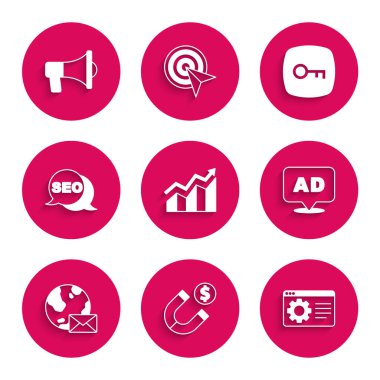Finansal büyüme artışını ayarla, paralı mıknatıs, tarayıcı ayarı, reklamcılık, dünya küresi postası, SEO optimizasyonu, anahtar ve megafon simgesi. Vektör