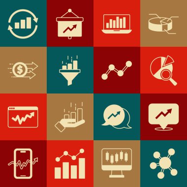 Proje ekibi tabanı, Finansal büyüme, Arama veri analizi, grafik grafikli dizüstü bilgisayar, satış hunisi, dolar, grafiksel bilgi ve simge. Vektör