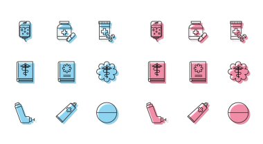 İnhaler, merhem krem tüpü ilacı, serum çantası, ilaç hapı veya tablet, tıp kitabı, acil durum tıbbi sembolü çubuklu Caduceus yılanı, şişe ve hap ikonu. Vektör