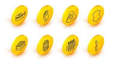 Hat kesici aracı, dikiş iğnesi, dikiş ipliği makarada, tekstil kumaş rulosu, deri, tebeşir, Fransız eğrileri ve mezura ölçüm simgesi. Vektör