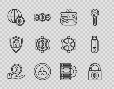 Line Hand holding Bitcoin, Lock with bitcoin, Cryptocurrency wallet, Ripple XRP, Globe cryptocurrency, Blockchain technology, Server gear and USB flash disk simgesi. Vektör