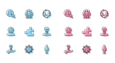 Hat ampulü elinde, Proje ekibi üssü, insan giysisi kullanıcısı, parça yapbozu, lambalı insan kafası, teçhizat ve kullanıcı grubu simgesi. Vektör