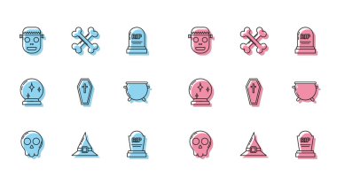 Çizgi, Kafatası, Cadı şapkası, Zombi maskesi, RIP ile Tombstone, Tabut Hıristiyan haçı, Cadılar Bayramı cadı kazanı, sihirli top ve çapraz kemik ikonu. Vektör