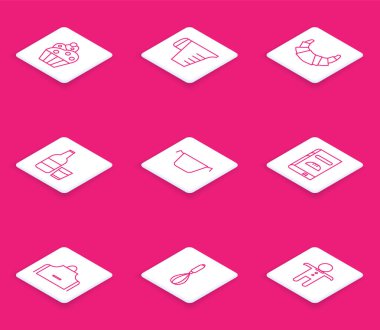 Cupcake, Ölçme kabı, Kruvasan, süt ve bardaklı cam şişe, pişirme kabı, yemek kitabı, mutfak önlüğü ve çırpma ikonu. Vektör