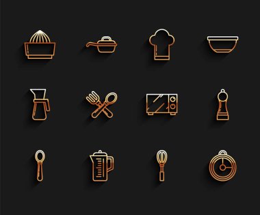 Sıra kaşık, çaydanlık, meyve sıkacağı, mutfak çırpıcısı, zamanlayıcı, çapraz çatal ve kaşık, Pepper ve mikrodalga fırın ikonu. Vektör