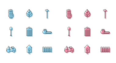 Traktör, Retro duvar saati, bahçe eldivenleri, çit ahşap, çöp tenekesi, elektrikli testere, kürek ve yaprak ikonu. Vektör