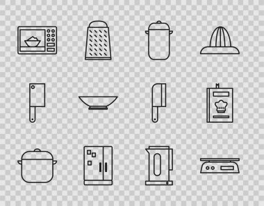 Yemek pişirme kabı, elektronik teraziler, buzdolabı, mikrodalga fırın, kase, saplı kettle ve yemek kitabı ikonu. Vektör