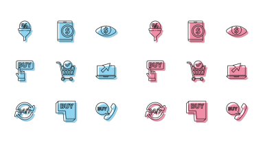Satın alma düğmesi, ana yönetim, telefon ve konuşma balonu, alışveriş arabası işareti, dizüstü bilgisayar imleci ve Tablet dolar simgesi. Vektör