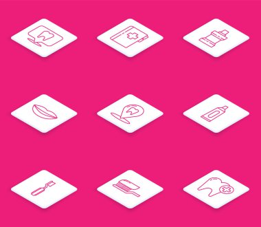 Dişçi kliniğinin yerini belirle, diş kartlı pano, ağız gargargarası plastik şişe, gülen dudaklar, diş macunu tüpü, diş fırçası ve ikon. Vektör