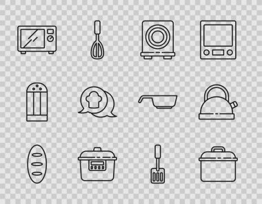 Ekmek somunu, pişirme kabı, elektrikli ocak, yavaş fırın, mikrodalga fırın, Şef şapkası konuşma balonu, Spatula ve Kettle 'ın saplı ikonu. Vektör