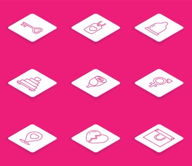 Kalp şeklinde anahtar, kalp etiketi, prezervatif, düğün pastası, çiçek gülü, cinsiyet, yer ve kırık ikon. Vektör