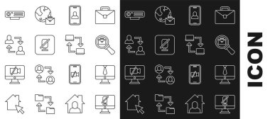 Dilsiz mikrofonu bilgisayara, görüntülü sohbet konferansına evrak çantalı büyüteç, Proje ekibi üssü, Web kamerası ve çevrimiçi çalışan ikona ayarla. Vektör