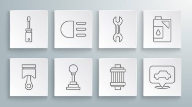 Hat pistonu, yüksek kiriş, vites kolu, araba hava filtresi, servis anahtarı, motor yağı ve tornavida simgesi için kutu. Vektör