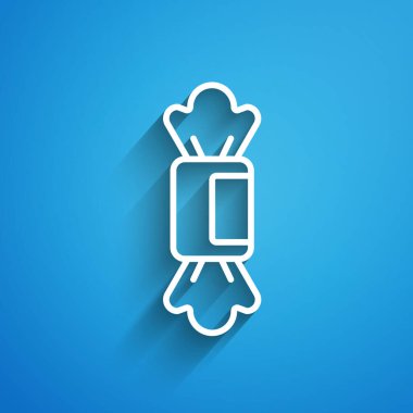 Beyaz çizgi Candy simgesi mavi arkaplanda izole edildi. Uzun gölge. Vektör.