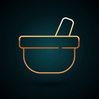 Altın çizgili havan topu ve tokmak simgesi koyu mavi arkaplanda izole edilmiş. Vektör.