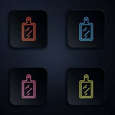 Renkli neon çizgi kesme tahtası simgesi siyah arkaplanda izole edildi. Kesme tahtası sembolü. Kare düğmelere simgeleri yerleştir. Vektör.