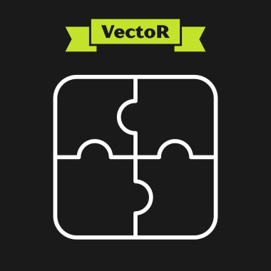 Beyaz çizgi yapboz parçası siyah arkaplanda izole edildi. İş, pazarlama, finans, şablon, düzen, bilgi grafikleri, internet konsepti. Vektör.