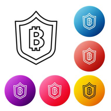 Beyaz zemin üzerinde bitcoin simgesi olan siyah çizgi kalkanı. Kripto para madenciliği, engelleme teknolojisi, güvenlik, koruma, dijital para. Renkli daire düğmelerini ayarlayın. Vektör.