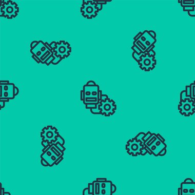 Mavi çizgi robotu yeşil arka planda izole edilmiş ikon deseni belirliyor. Yapay zeka, makine öğrenme, bulut hesaplama. Vektör.