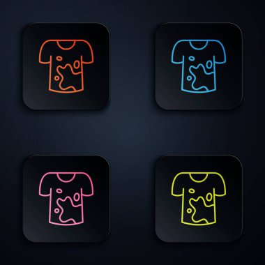 Color neon line Dirty t-shirt icon isolated on black background. Set icons in square buttons. Vector